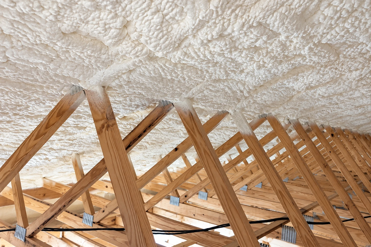 Wooden roof trusses beneath a continuous layer of white spray foam insulation.