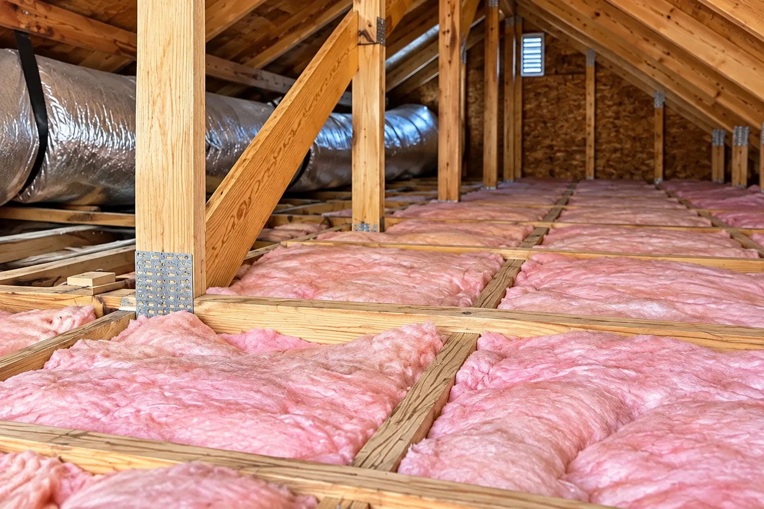 Pink batt insulation lies between the joists in an attic, beneath exposed rafters and alongside a large duct.
