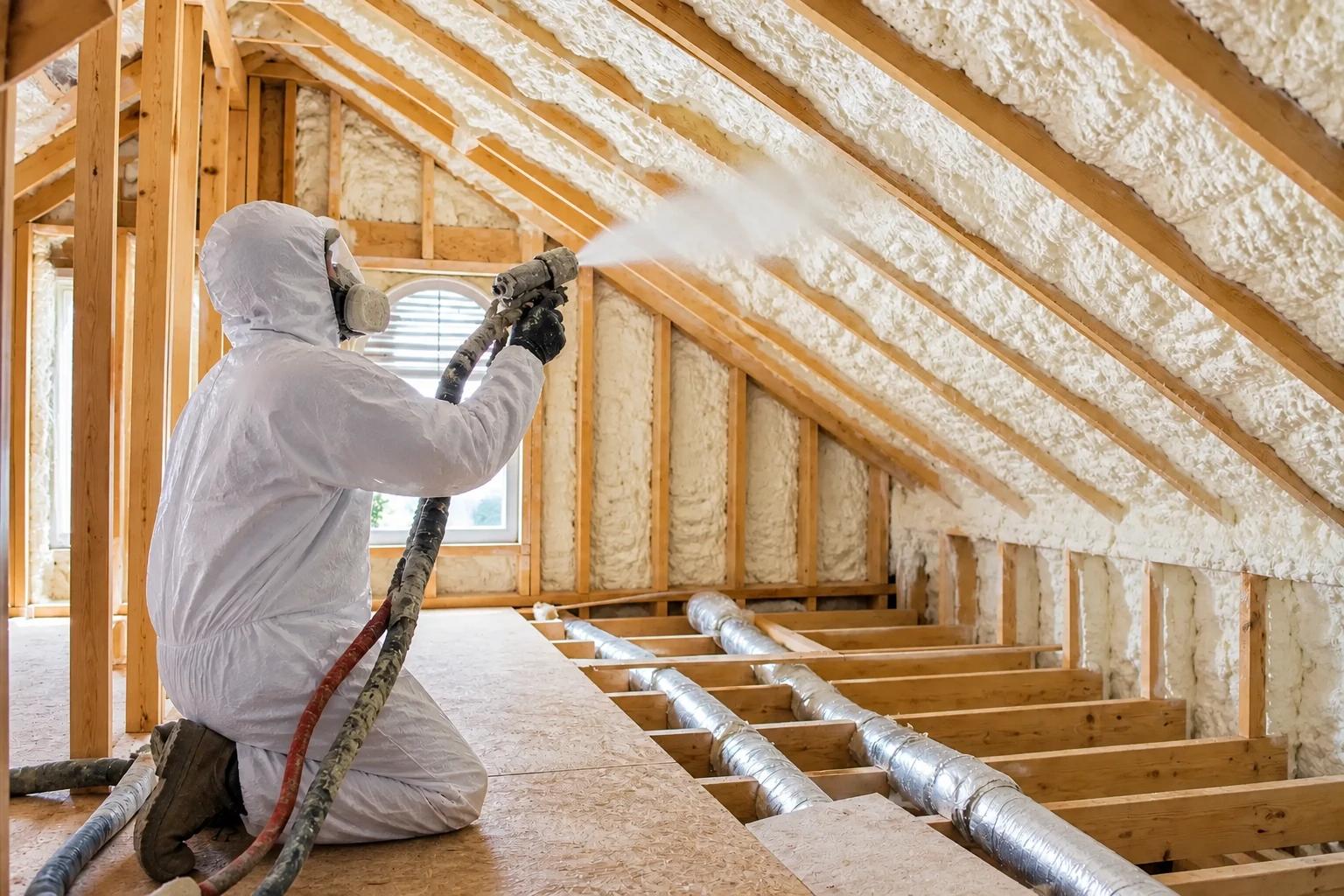 A worker in protective clothing sprays foam along the roof framing in an attic.