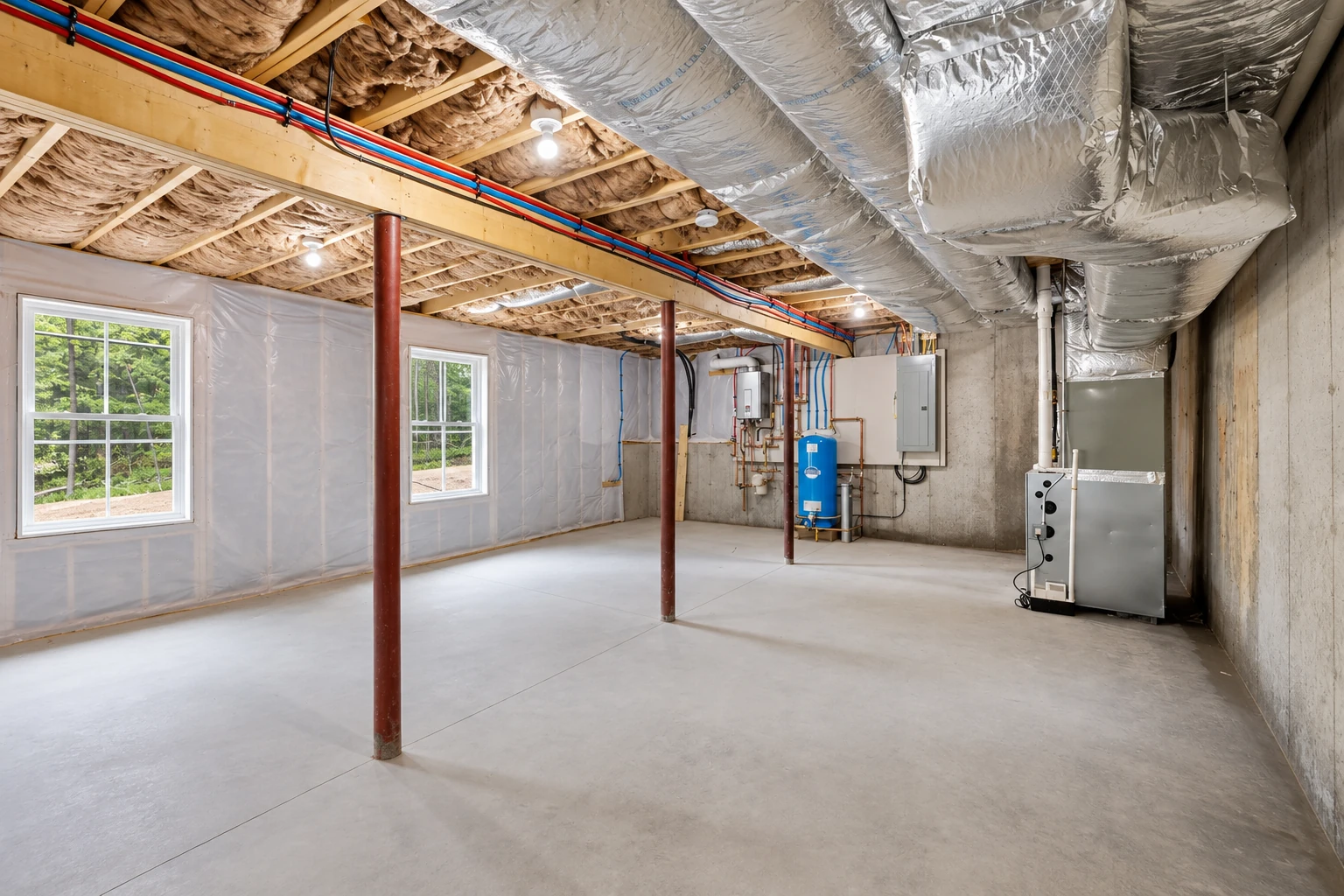 Unfinished basement with insulation between ceiling joists, plastic-covered walls, exposed utility pipes, and large silver ducts.