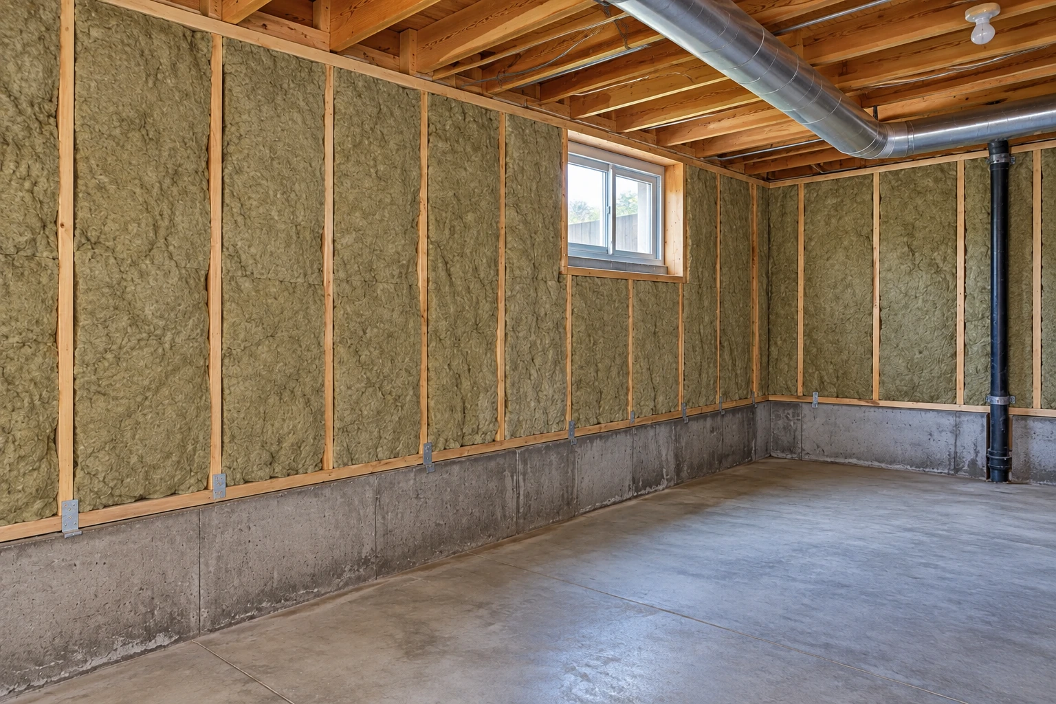 Gray-green insulation fills the wall cavities of an unfinished basement above the concrete foundation.