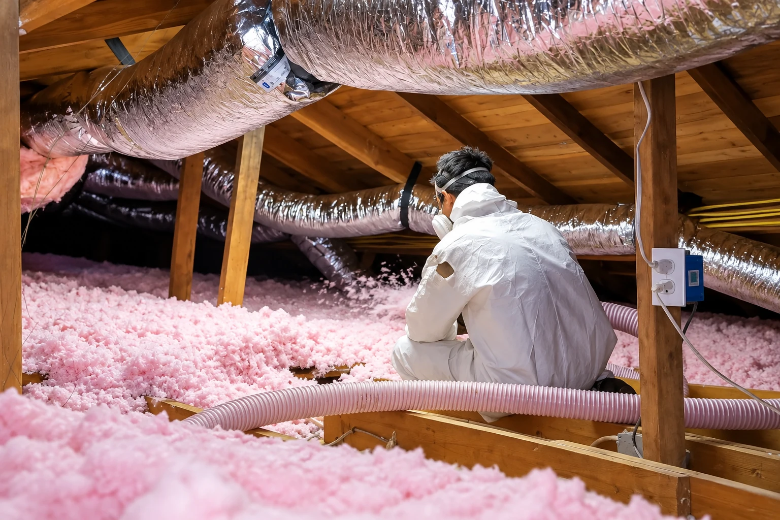 A worker in protective coveralls spreads pink blown-in insulation across an attic floor beneath metal ducts.