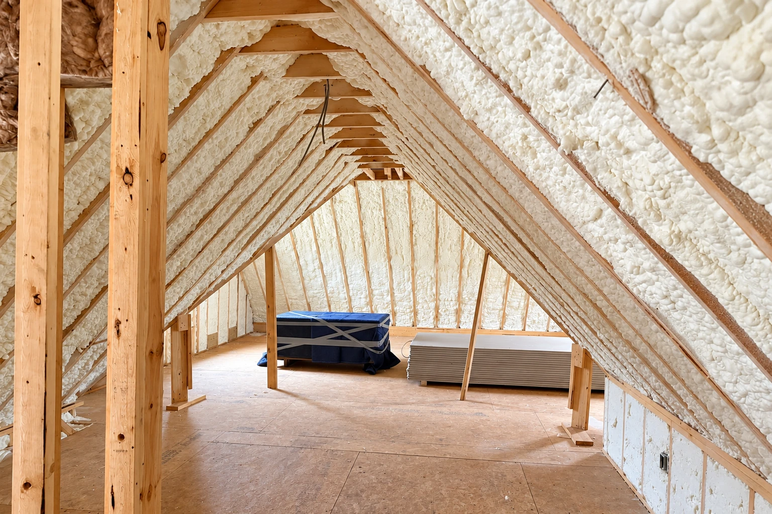 Attic with exposed wooden rafters coated in white spray foam insulation and stored materials on the floor.