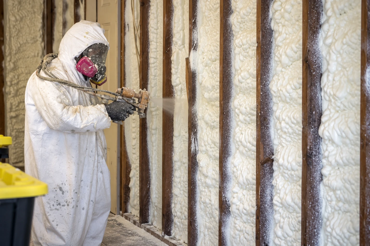A worker in protective coveralls and a respirator sprays white closed-cell foam into wall stud cavities.