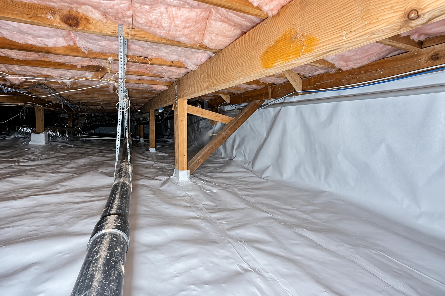 Crawl space with pink insulation between floor joists, plastic vapor barrier covering the ground and walls, and a black pipe in the foreground.