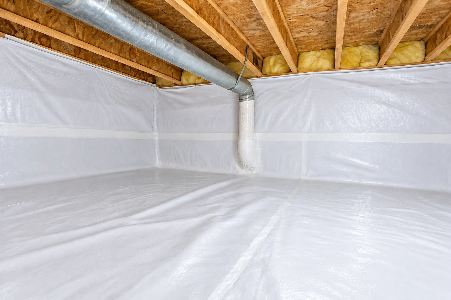 A crawl space has white vapor barrier covering the floor and walls, with insulation tucked between overhead joists.
