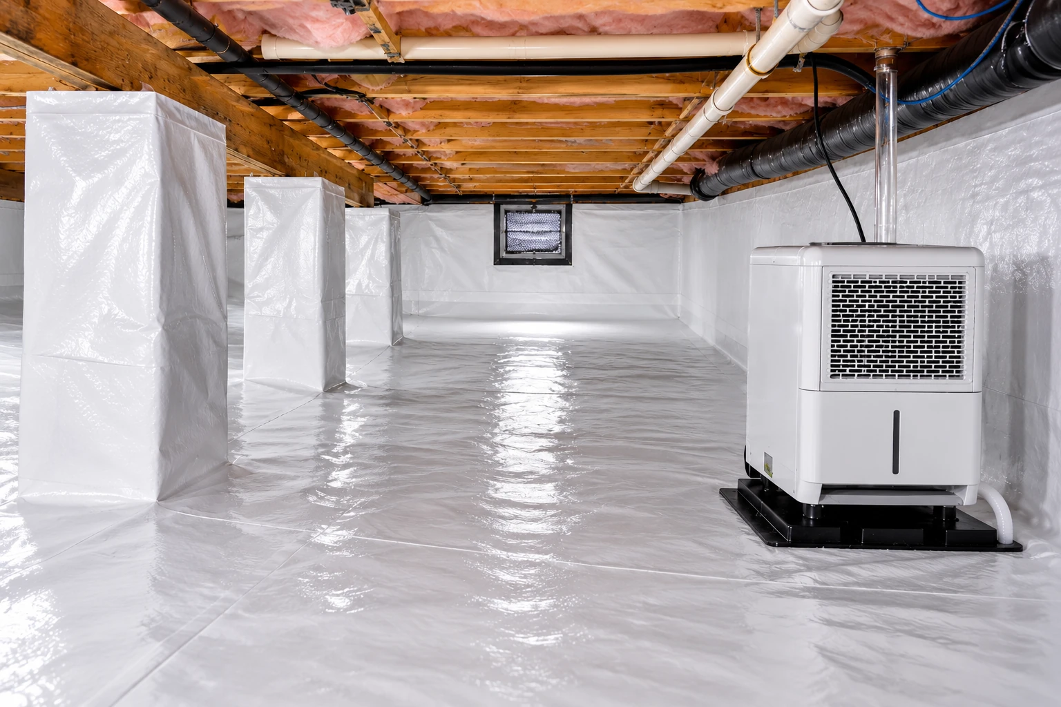 A crawl space has a shiny white vapor barrier covering the floor and walls, with a dehumidifier at right.