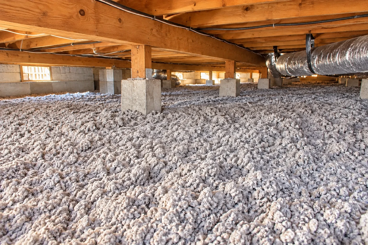 Loose-fill insulation covers the floor of a low crawl space beneath wooden joists and ductwork.