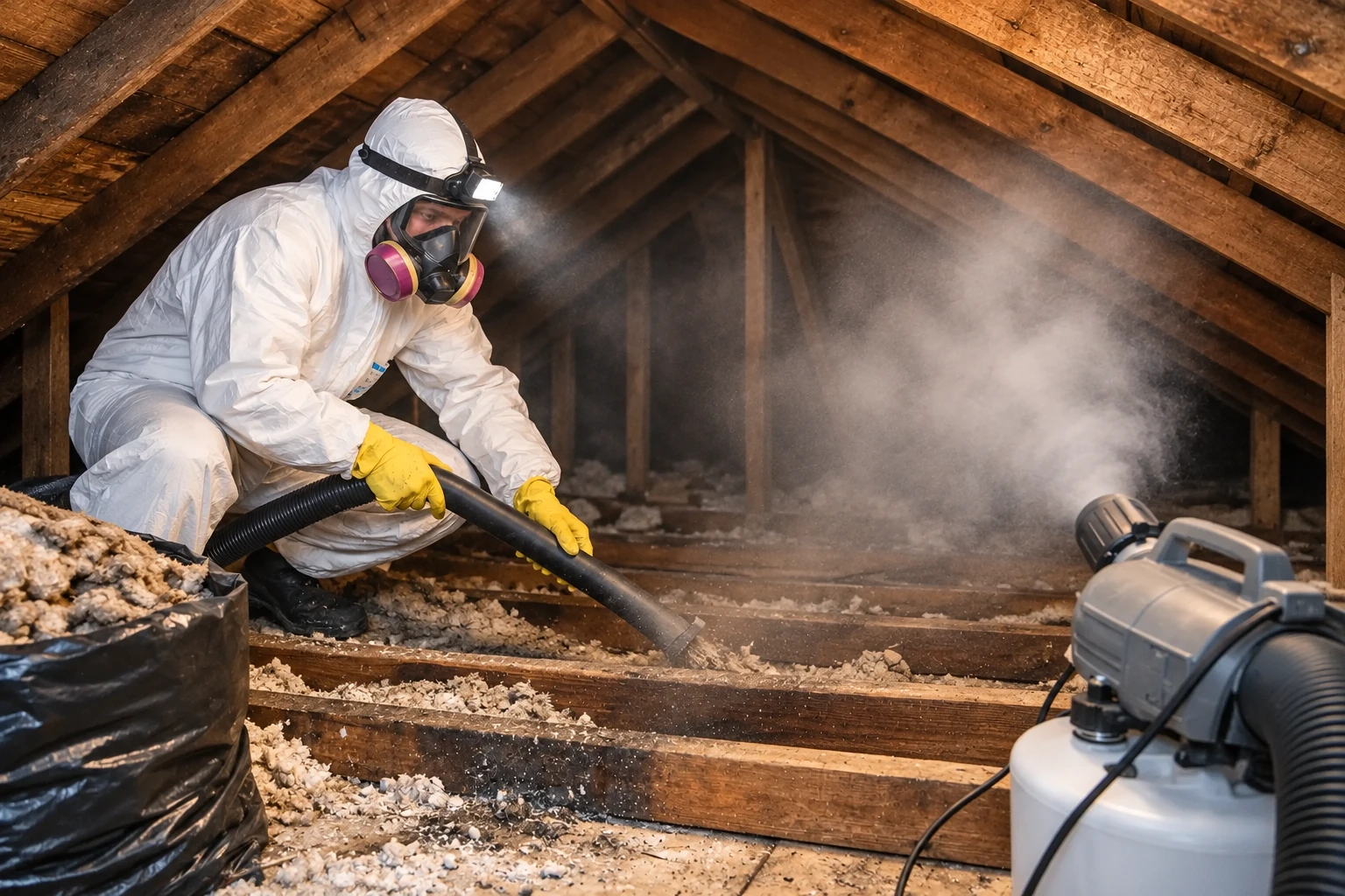 A worker in protective gear vacuums loose insulation from an attic with a large hose.