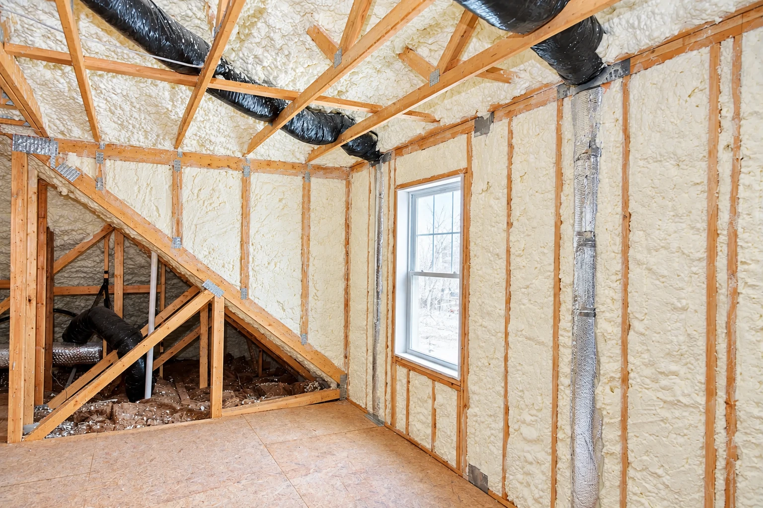 Open-cell foam insulation fills the exposed rafters and walls of an unfinished attic with black ducts and a window.
