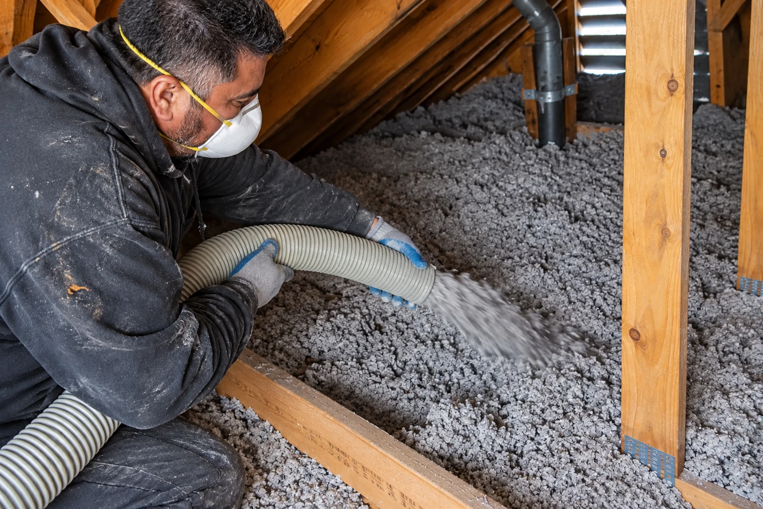A masked worker blows gray loose-fill insulation through a hose across an attic floor.