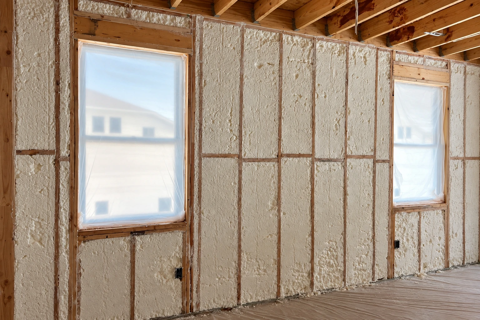 Open wall framing is filled with rough pale spray foam around two plastic-covered windows.